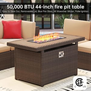 5-Piece Fire Pit Patio Sets Wicker Patio Conversation Set With Fire Pit Table Beige Cushions