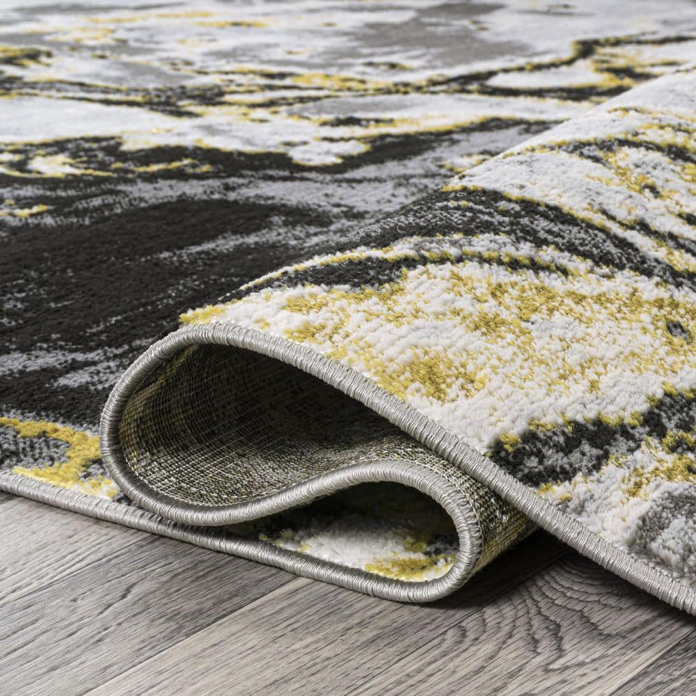 Abstract Swirl Marbled 5x8 Black/Yellow Synthetic Area Rug