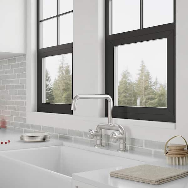 2-Handle Cross Bridge Kitchen Faucet with 360° Swivel Spout in Brushed Nickel