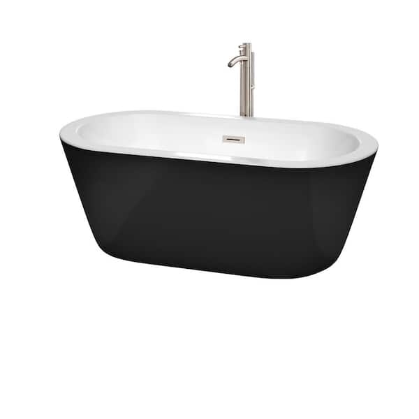 Wyndham Collection Mermaid 60 in. Acrylic Flatbottom Center Drain Soaking Bathtub in Black with Floor Mounted Faucet in Brushed Nickel