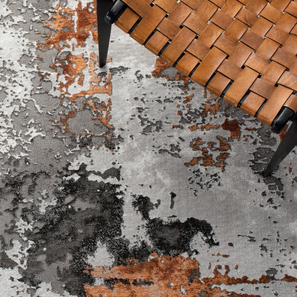 Grey and Orange Abstract Synthetic Runner Rug, 2'3" x 12'