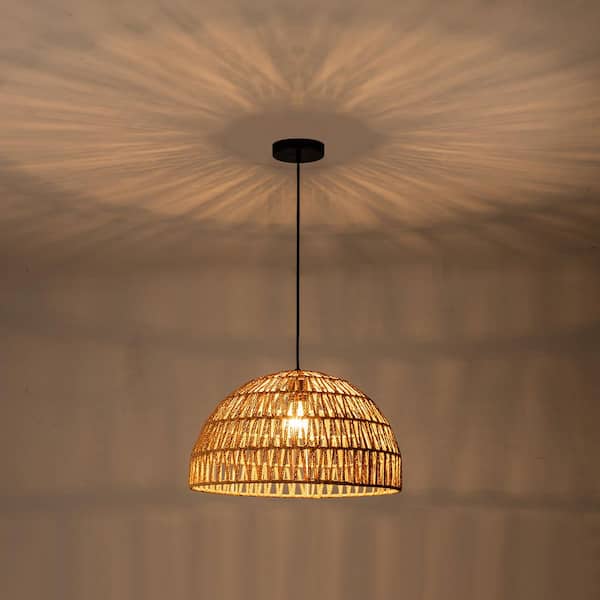 MENCOLULU 17.72 in. 1-Light Farmhouse Rattan Flush Mount Ceiling Light with Dome Hand-Woven Shade
