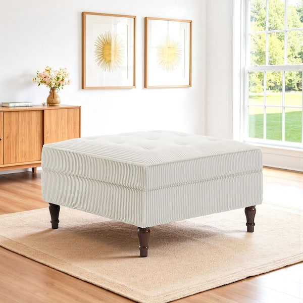 Beige Corduroy Fabric Square Accent Ottoman