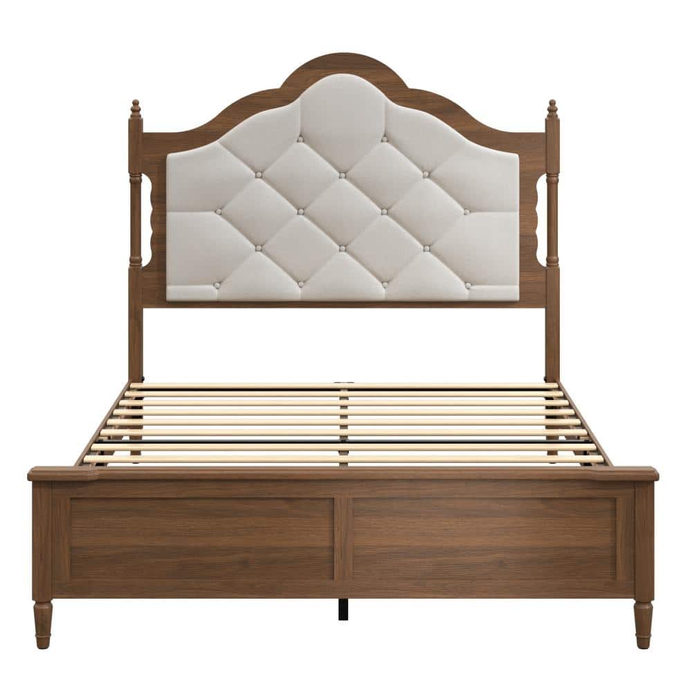 Brown Engineered Wood Frame Full Platform Bed with Upholstered Headboard and Vintage Farmhouse Style