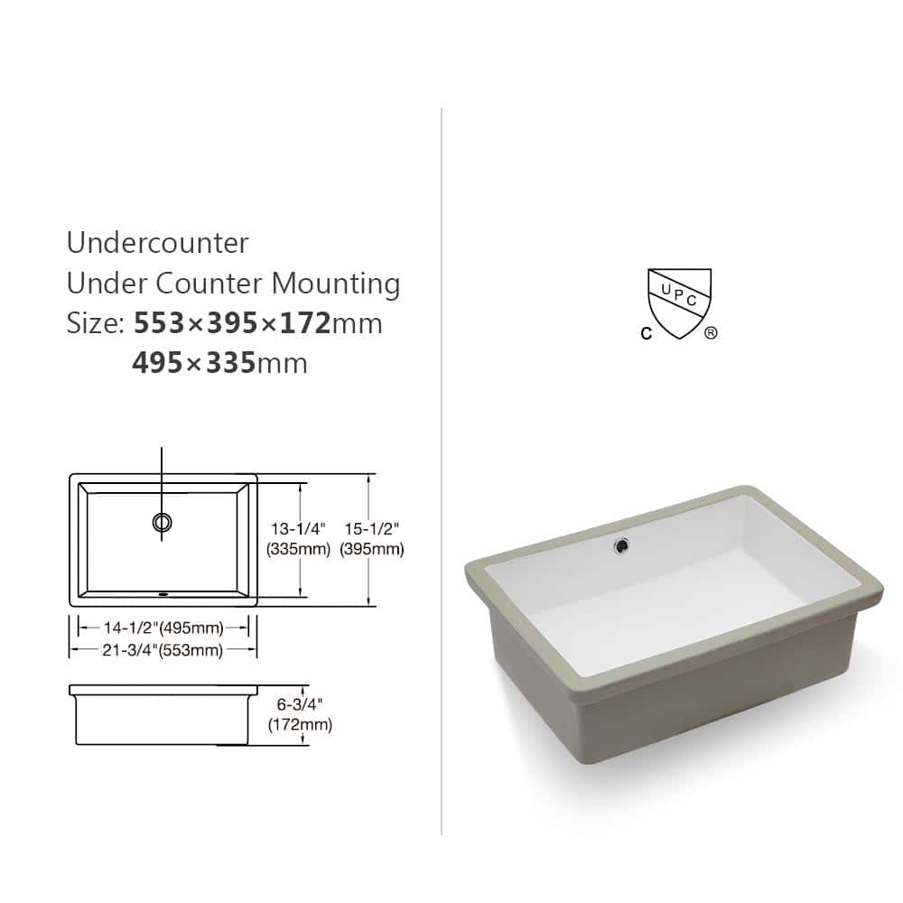 22" White Ceramic Rectangular Undermount Bathroom Sink with Overflow
