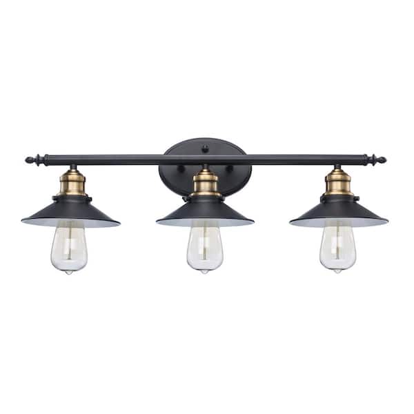 Glenhurst 25 in. 3-Light Industrial Farmhouse Black and Brass Bathroom Vanity Light Fixture with Metal Shades
