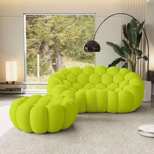Set of 2 Bubble Curved Sofa, 79 in. Memory Foam Mesh Fabric Loveseat Couch with Ottoman for Apartment in Lemon Green