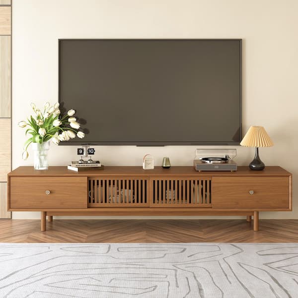 78.7 in. Engineered Wood TV Stand with Slatted Sliding Doors Drawers Fully Assembled Media Console for Living Room Brown