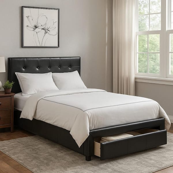 Benjara Black Wooden Frame Queen Platform Bed with Drawer