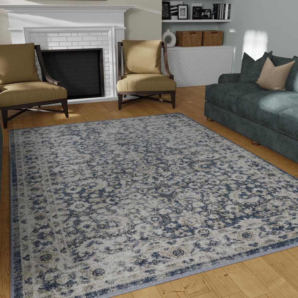 Rectangular 9' x 12' Blue Floral Synthetic Area Rug
