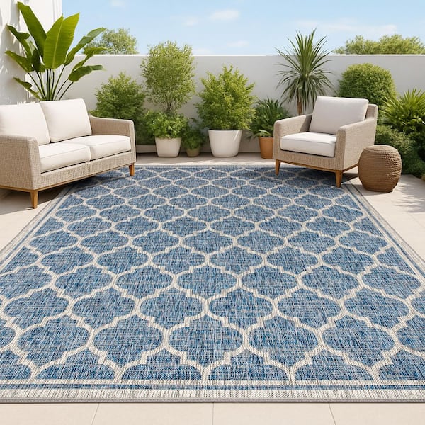 JONATHAN Y Trebol Moroccan Trellis Navy/Gray 7 ft. 9 in. x 10 ft. Textured Weave Indoor/Outdoor Area Rug