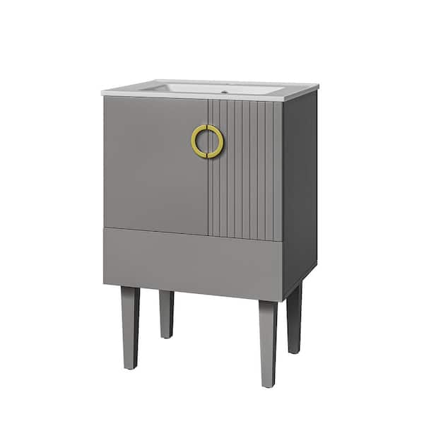 Unbranded 24 in. W x 22 in. D x 35.6 in. H Freestanding Bath Vanity in Gray with Drawer, Doors and 1 White Ceramic Sink Top