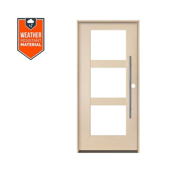 BRIGHTON Modern Faux Pivot 36 in. x 79 in. 3-Lite Left-Hand/Inswing Clear Glass Unfinished Fiberglass Prehung Front Door