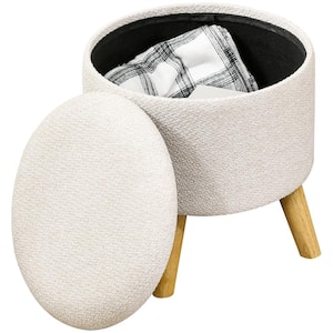 Round Storage Ottoman Cream White 15.25 in. W Bedroom Bench Backless Linen Fabric Foot Stool with Removable Top