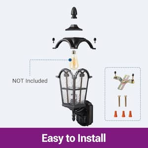 17.83 in. Black with Gold Edge Motion Sensing Dusk to Dawn Outdoor Hardwired Wall Lantern Scone with Water Ripple Glass