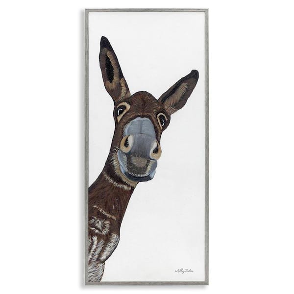 Donkey Peering Happily Casual Farm Portrait by Ashley Justice Gray Framed Giclee Art Print Animal 30 in. x 13 in.