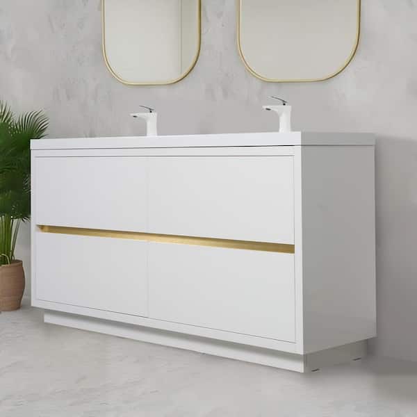 Lafarre 59.06 in. W x 19.69 in. D Double Sink Freestanding Bath Vanity in Glossy White with White Resin Top Assembled
