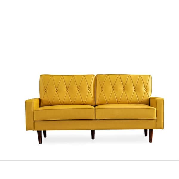 US Pride Furniture Acire 69.3 in. Wide Square Arm Faux Leather Straight 3-Seater Sofa in Mustard Yellow