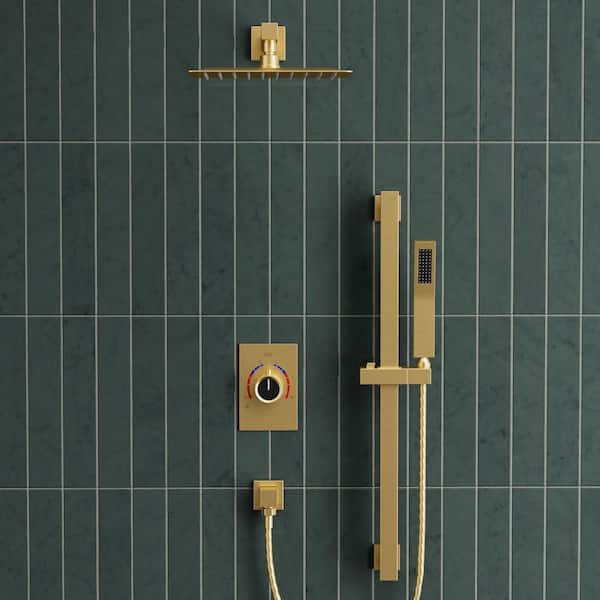 2-Spray Wall Mount 10 in. Dual Fixed and Handheld Shower Head with Slide Bar in Brushed Gold Valve Included