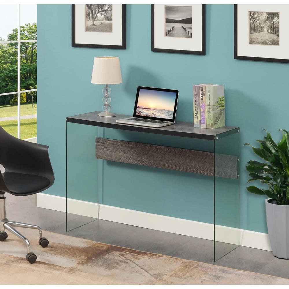 Weathered Gray Wood and Glass Console Table with Storage