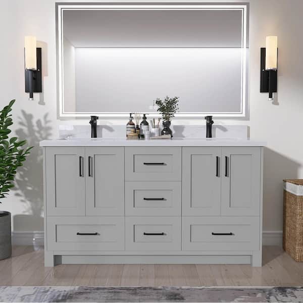 NTQ 60 in. W x 21.5 in. D x 33.5 in. H Bath Vanity Cabinet without Top Morden Solid Wood Bathroom Vanities in Light Gray
