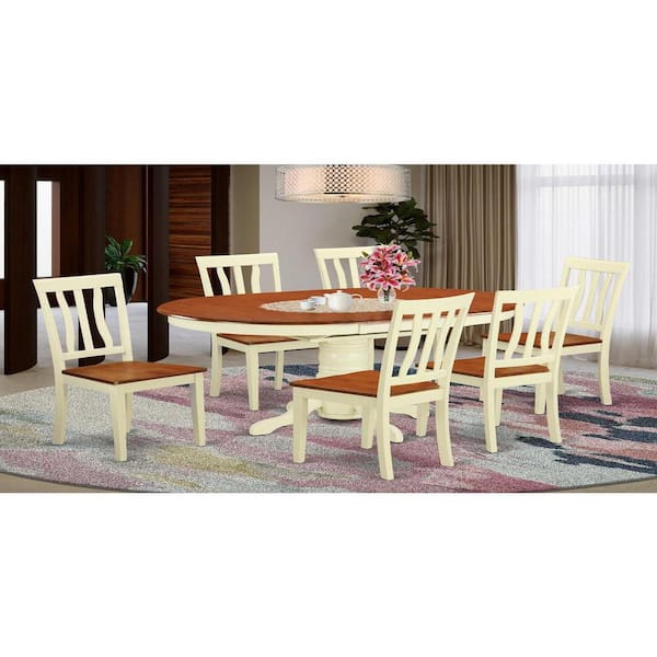 East West Furniture 7-Piece Oval Buttermilk & Cherry Finish Solid Wood Top Dining Table with 6-Chairs with Lattice Back