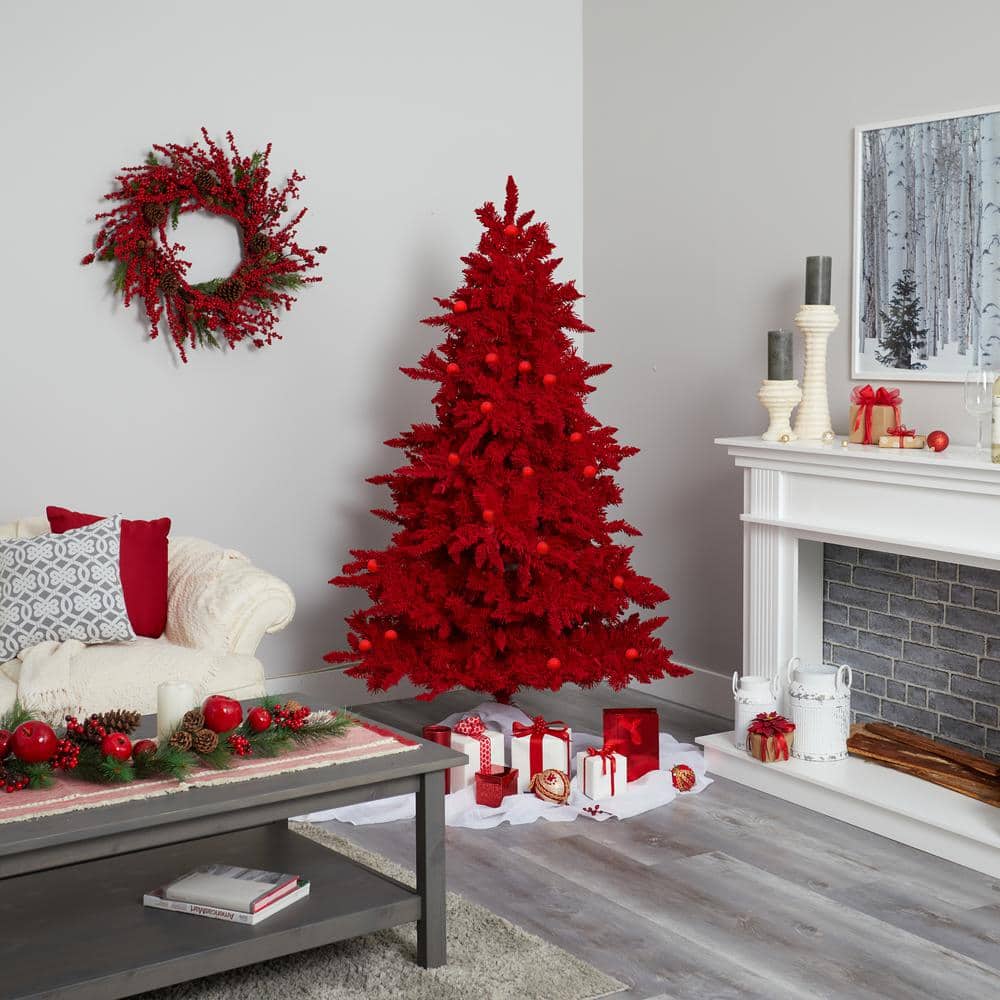 6-Foot Red Flocked Fir Artificial Christmas Tree with Lights