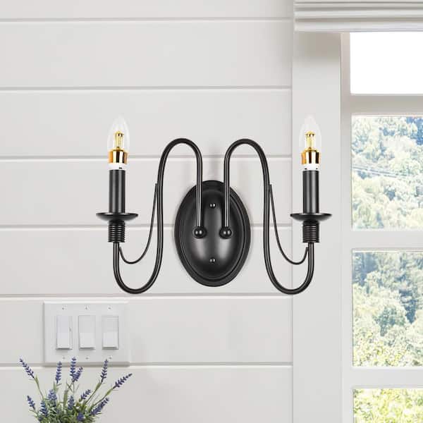 PAKOKULA 14.3 in. 2 Light Vintage Black Candle Style Double Wall Sconce
