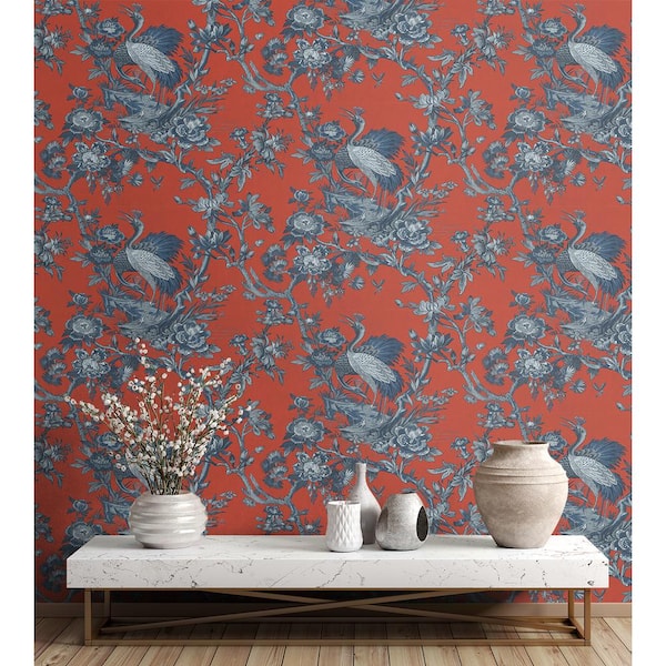 Seabrook Designs 60.75 sq. ft. Crimson Alice Crane Toile