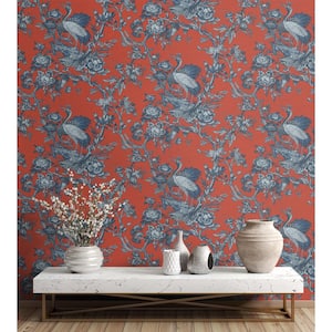 60.75 sq. ft. Crimson Alice Crane Toile Paper Unpasted Wallpaper Roll