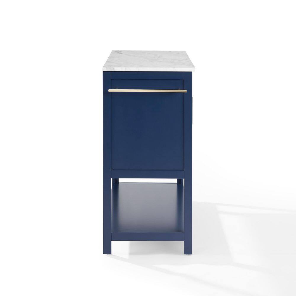 Navy Kitchen Island with Faux Marble Top and Glass Doors