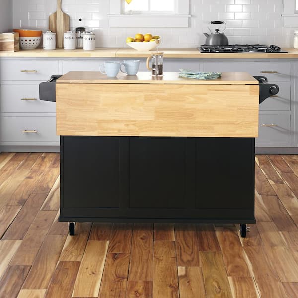 Dolly Madison Black Kitchen Cart with Natural Wood Top