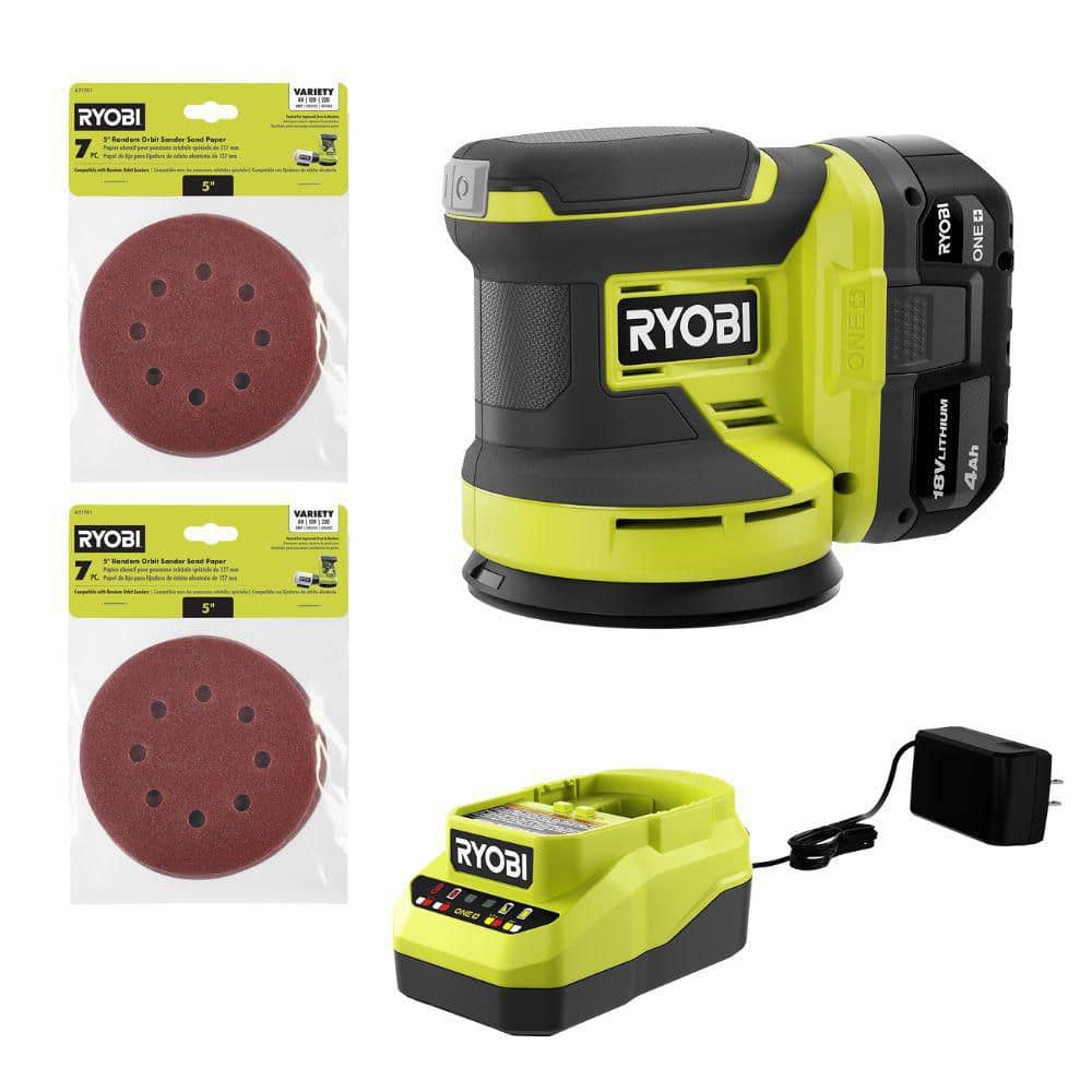 ONE+ 18V Cordless 5 in. Random Orbit Sander Kit with 4Ah Battery, Charger, and (2) 7-Piece 5 in. Sand Paper Assortment -  RYOBI, PCL406KA21701-2