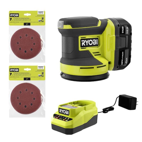 RYOBI ONE+ 18V Cordless 5 in. Random Orbit Sander Kit with 4Ah Battery, Charger, and (2) 7-Piece 5 in. Sand Paper Assortment