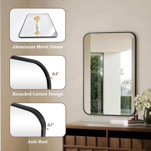 Black 26 in. W x 38 in. H Rectangular Bathroom Mirror with Rounded Corners Wall Metal Framed Mirror