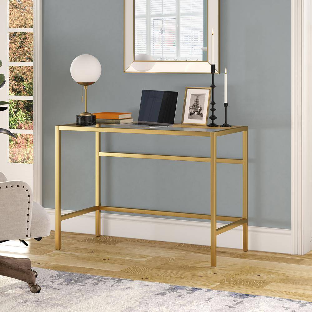 Sivil 42" Modern Brass Writing Desk with Tempered Glass Top