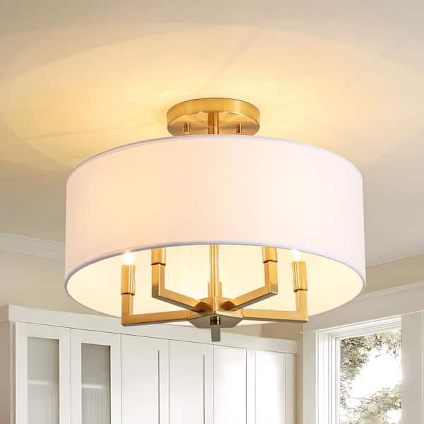 Mandy 19.8 in. 5-Light Modern Farmhouse Brushed Brass Drum Semi-Flush Mount Light with White Fabric Shade