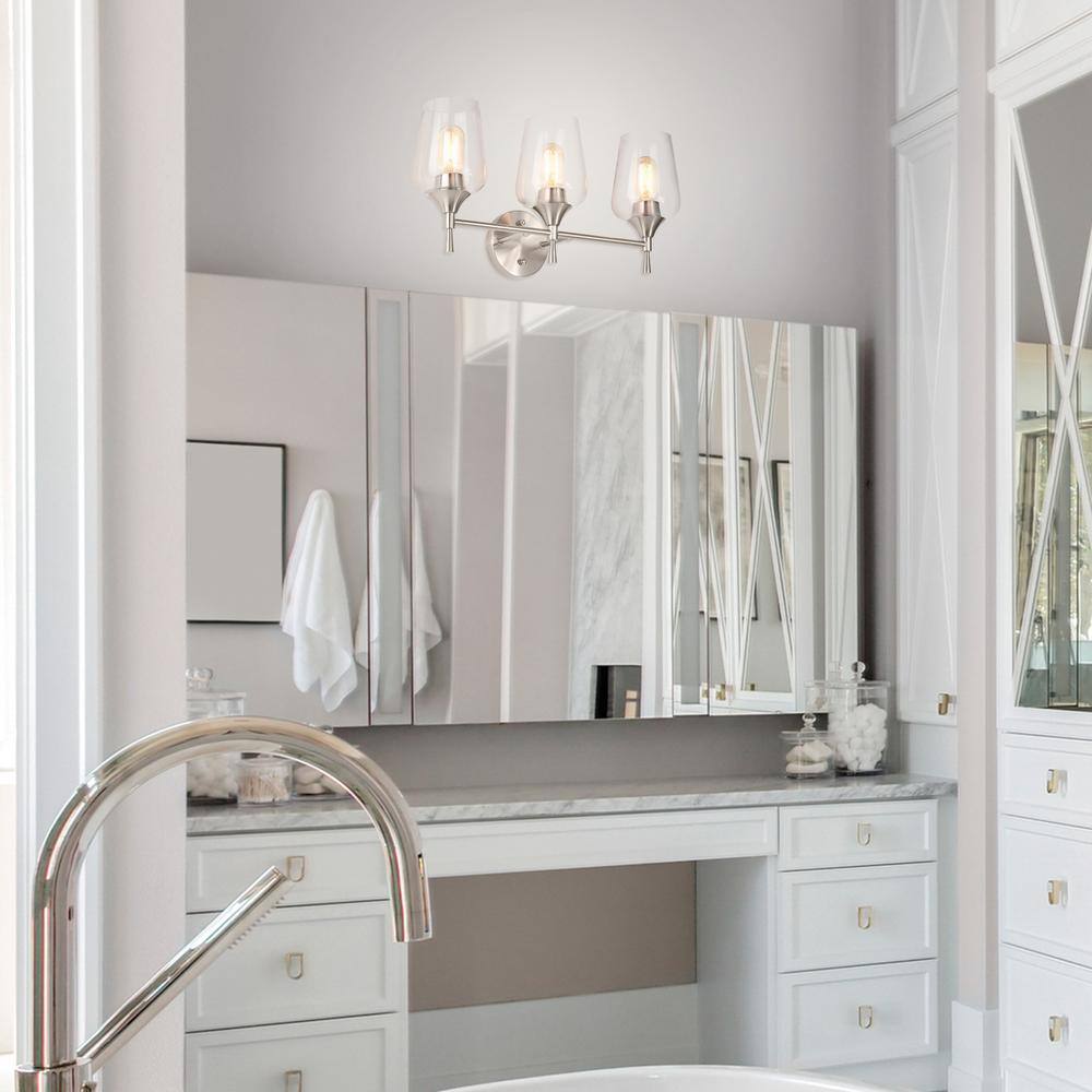Brushed Nickel 3-Light Vanity Fixture with Clear Glass Shades
