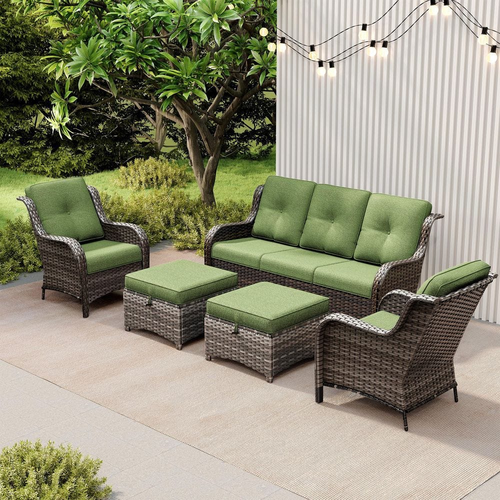 5-Piece Modern Outdoor Rattan Lounge Set with Sofa, Armchairs, Ottomans & Soft Green Cushions price history on PriceWatchPro