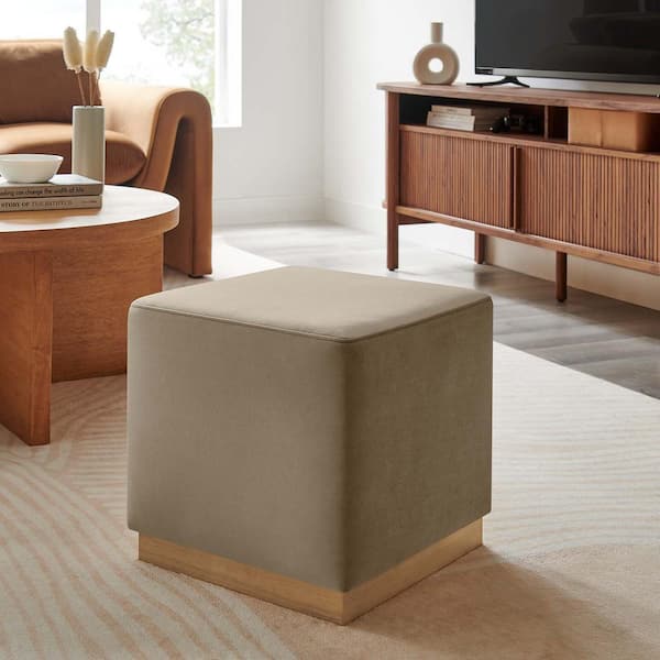 Tilden 17 in. Square Performance Velvet Upholstered Ottoman in Taupe Natural