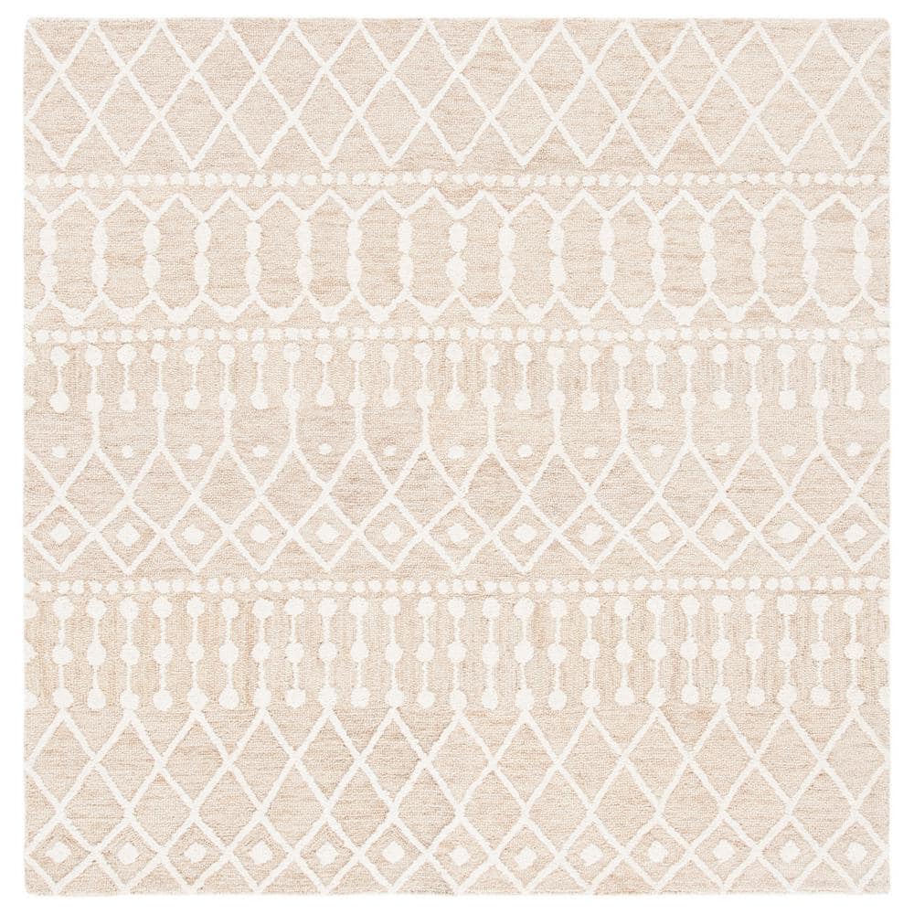 Beige and Ivory Wool Square Tufted Handmade Area Rug