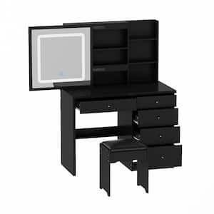 5-Drawers Black Wood LED Push-Pull Mirror Dresser with Stool and 3-Tier Storage Shelves 39.4 in. W