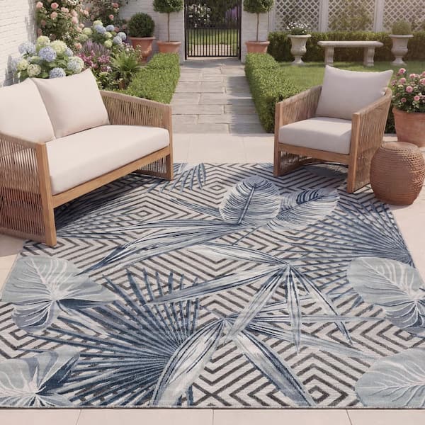 Cabana Ivory/Navy 8 ft. x 10 ft. High-Low Diamond Leaf Indoor/Outdoor Area Rug