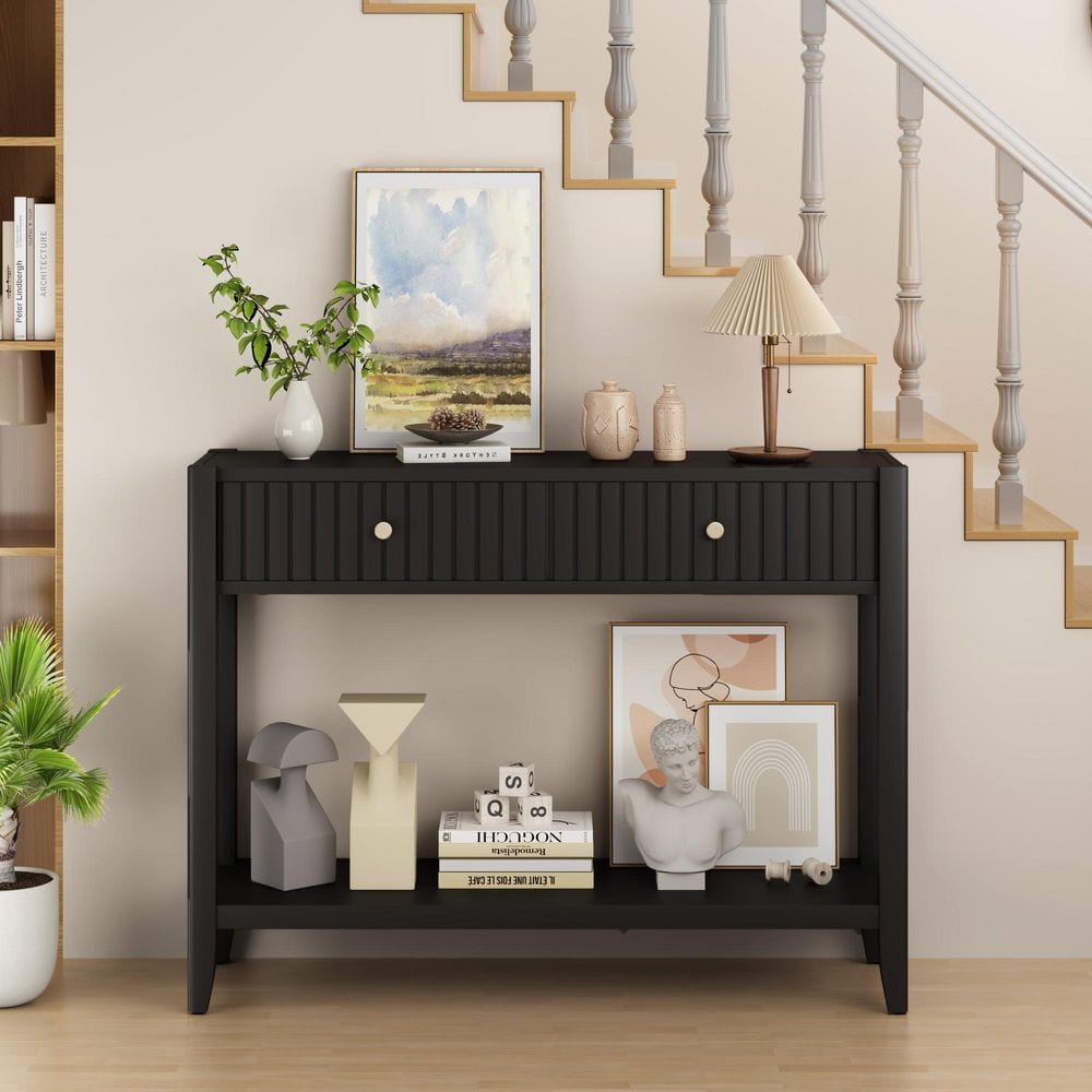 Polibi 39.4 in. Black Rectangle Wood Top Console Table with Drawers ...
