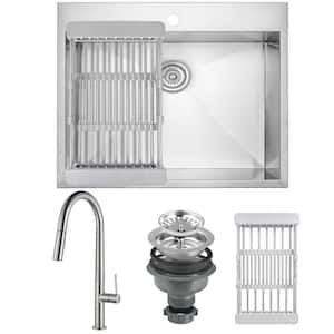 All-in-One Stainless Steel 25 in. x 22 in. Single Bowl Drop-In Kitchen Sink with Pull-Down Faucet