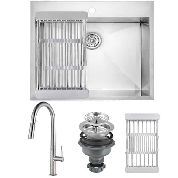 AKDY All-in-One Stainless Steel 25 in. x 22 in. Single Bowl Drop-In Kitchen Sink with Pull-Down Faucet