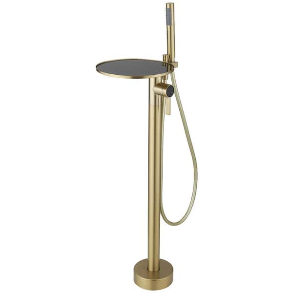 Single-Handle Claw Foot Freestanding Tub Faucet Bathtub Filler with Hand Shower and Storage Tray in Brushed Gold