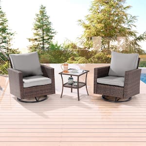 3-Piece Brown Wicker Outdoor Swivel Rocking Chairs Patio Bistro Set with Side Table Linen Grey Cushion