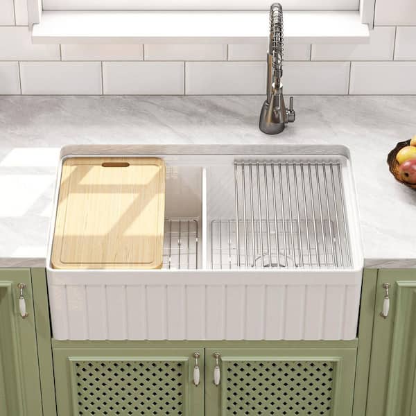 33 in. Drop-In Double Bowl White Ceramic Kitchen Sink with Cutting Board, Strainer, Grid and Drain Assembly