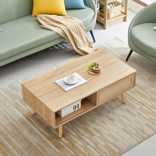 Tileon Natural 41.34 in. Rattan Coffee table, sliding door for